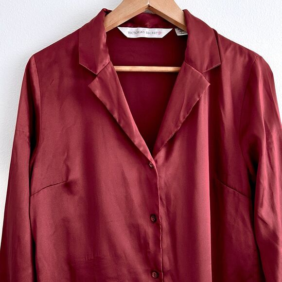 Vintage 90s Victoria Secret Size S Satin Sleep Shirt Burgundy Red Button Up - Picture 3 of 16